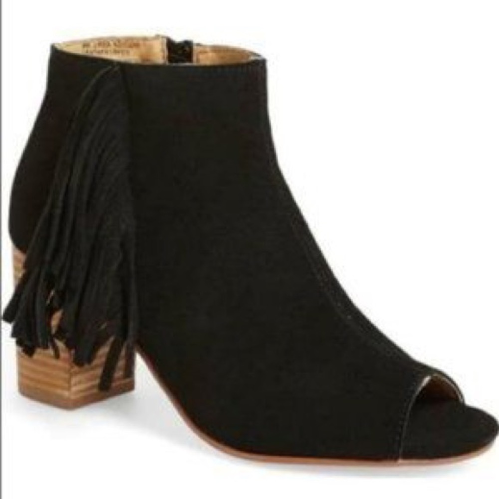 KENSIE Booties Erika Suede Leather peep toe  Fringe Black Bootie -Sz 6.5M